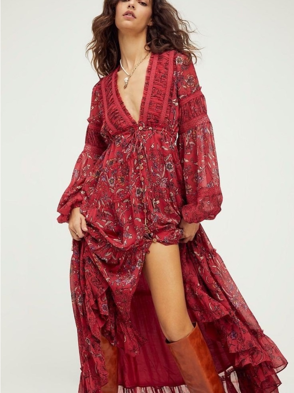 Free People Red Floral Long Sleeve Maxi Dress
